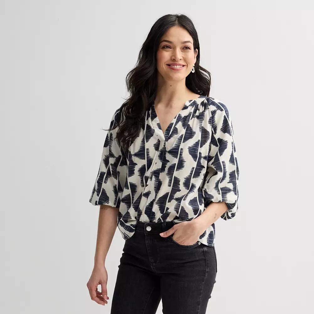 Women's Sonoma Goods For Life® Shirred Balloon Sleeve Y-Neck Top, Size: XXL, Gray Geo Lines Product Image