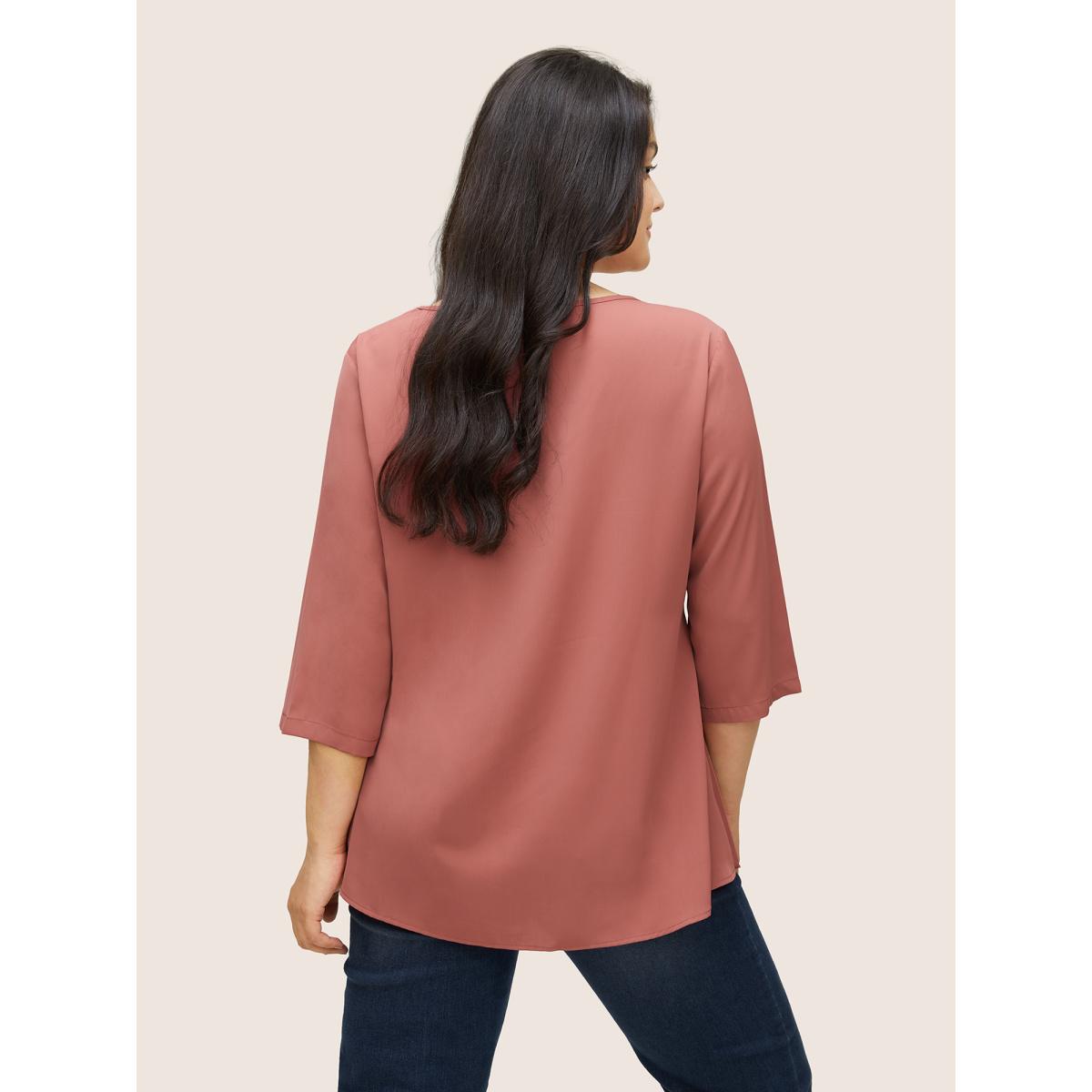 Plus Size DustyPink Static-Free Plain Asymmetrical Hem Patchwork Blouse Women Work From Home Elbow-length sleeve V-neck Work Blouses BloomChic 22-24/3X Product Image
