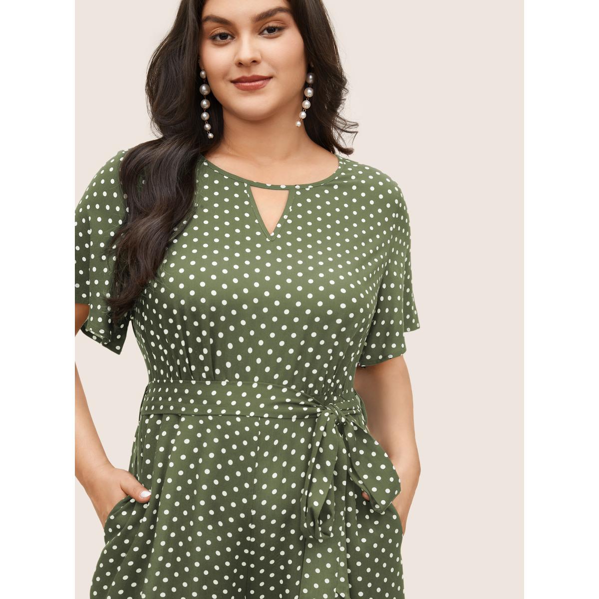 Plus Size Sage Polka Dot Cut Out Zipper Belted Jumpsuit Women Elegant Short sleeve Notched collar Everyday Loose Jumpsuits BloomChic 28/5X Product Image