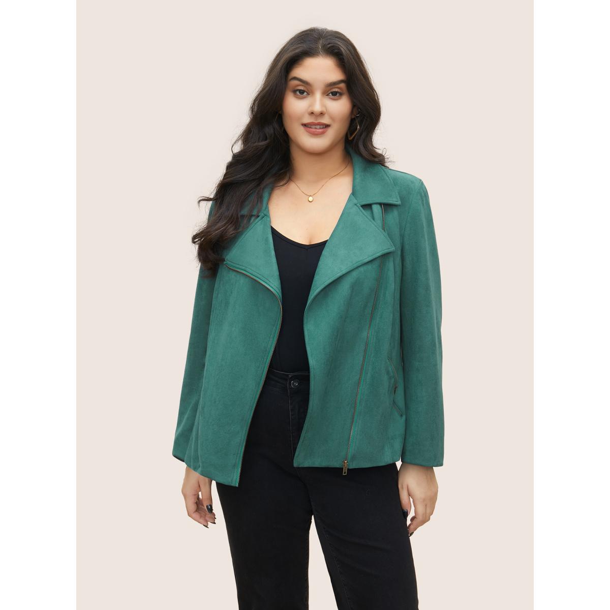 Plus Size Solid Faux Suede Zipper Lapel Collar Jacket Women Emerald Non Zippered pocket Everyday Jackets BloomChic 18-20/2X Product Image