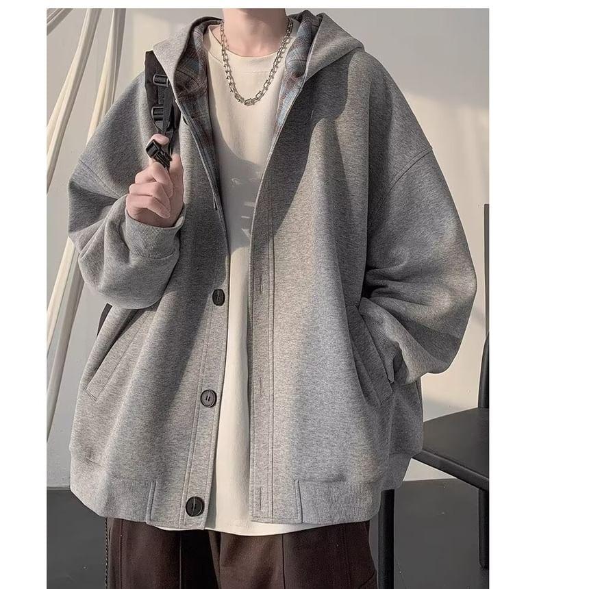 Hooded Plain Zip Button Jacket Product Image