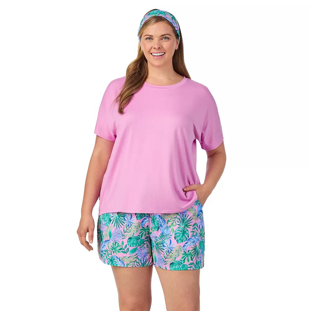 Plus Size Cuddl Duds Short Sleeve Pajama Top & Pajama Shorts Set with Matching Headband, Womens Purple Pink Leaves Product Image