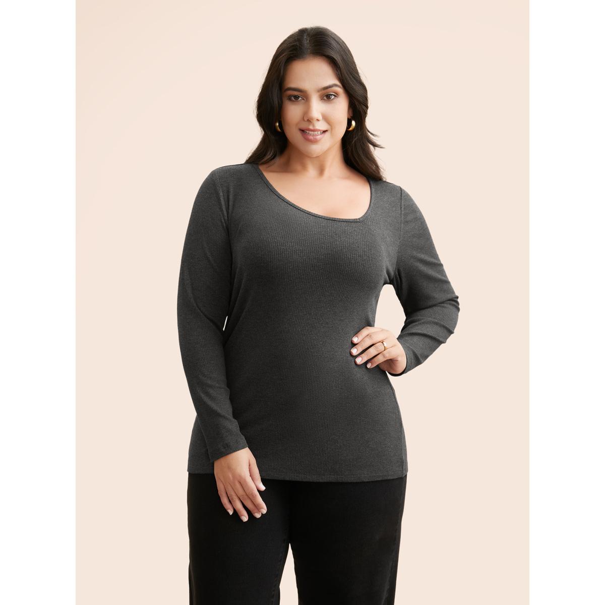 Plus Size Airy Cozy Asymmetrical Neckline T-shirt DimGray Women Casual Texture Asymmetrical Neck Bodycon Everyday T-shirts BloomChic 22-24/3X Product Image