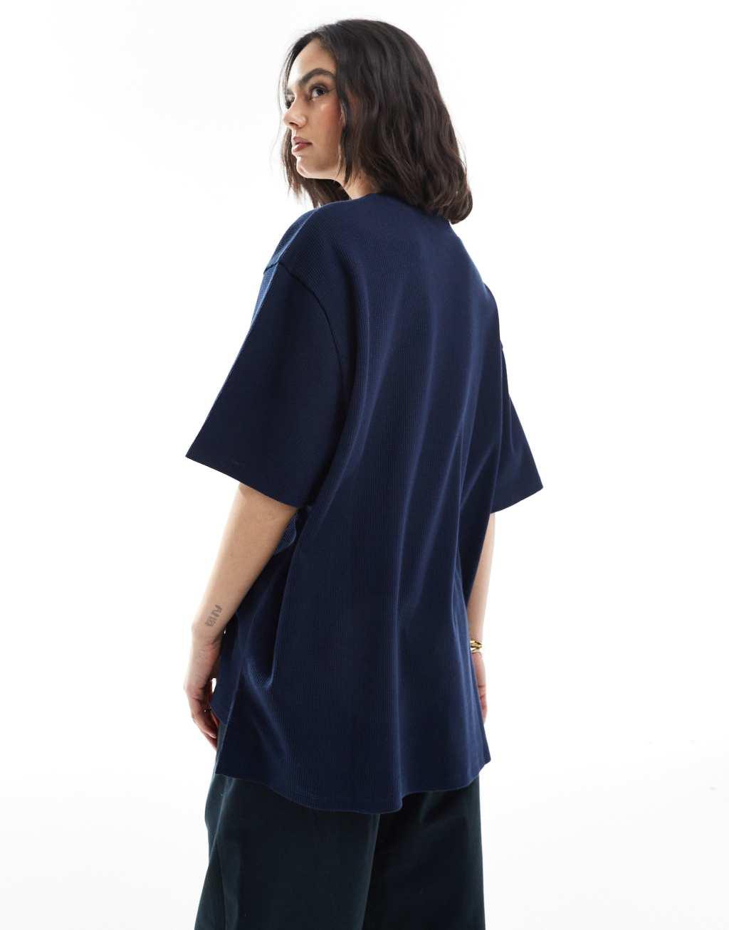 ASOS DESIGN oversized heavy weight waffle knit t-shirt with side slits in navy Product Image