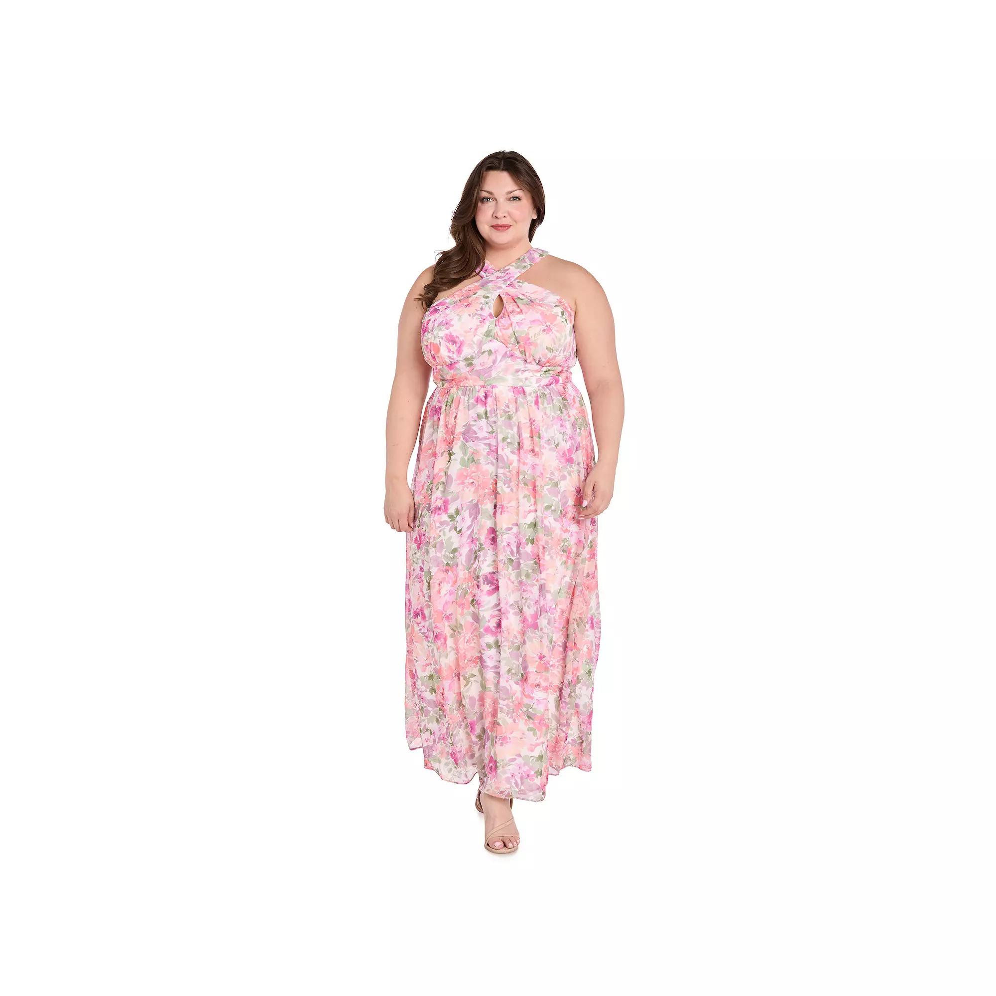 Plus Size R&M Richards Criss Cross Halter Maxi Dress, Women's, Size: 22 W, Ivory Blossom Product Image