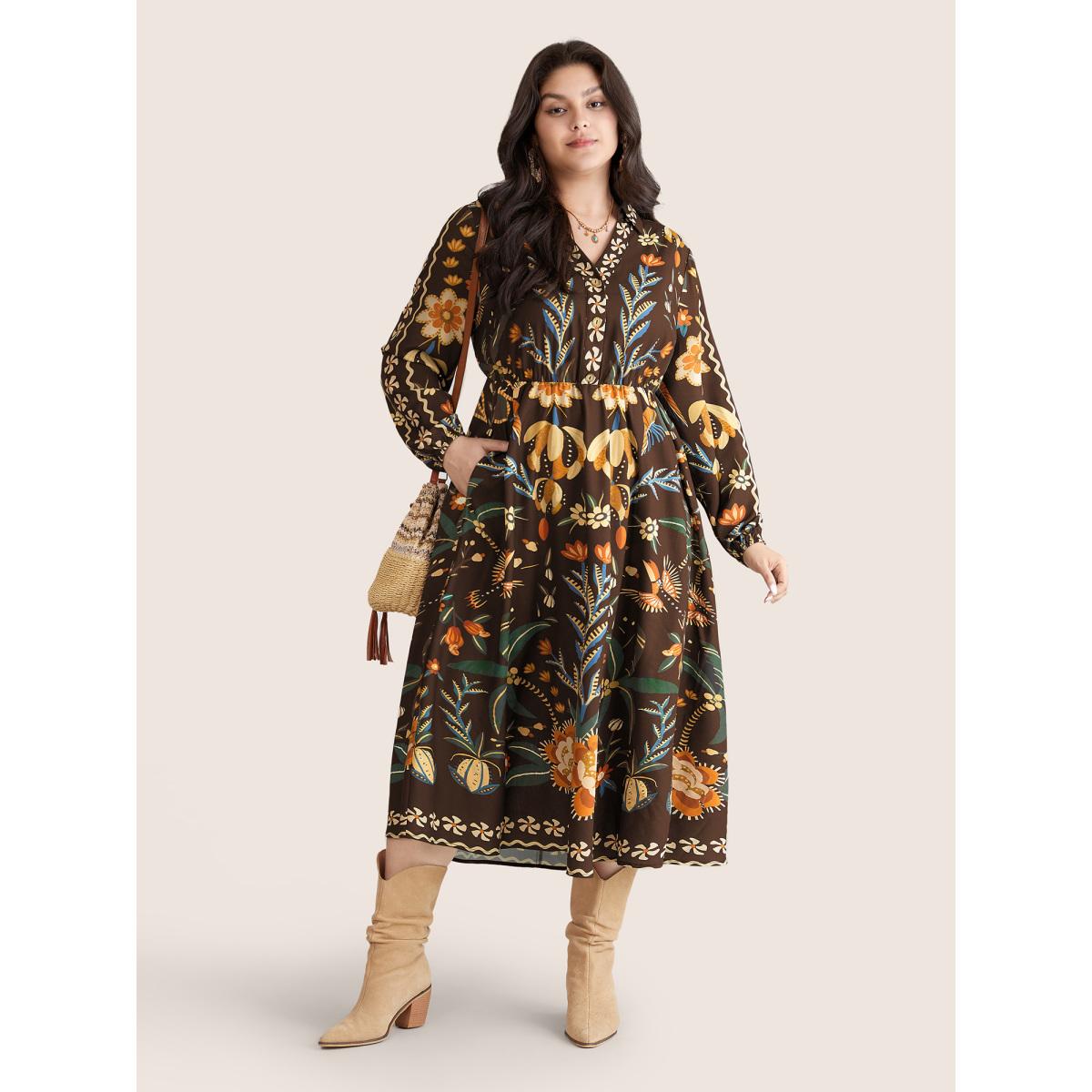 Plus Size Bandana Print Pocket Lapel Collar Elastic Cuffs Dress DarkBrown Women Resort Non V-neck Long Sleeve Curvy Midi Dress BloomChic 18-20/2X Product Image