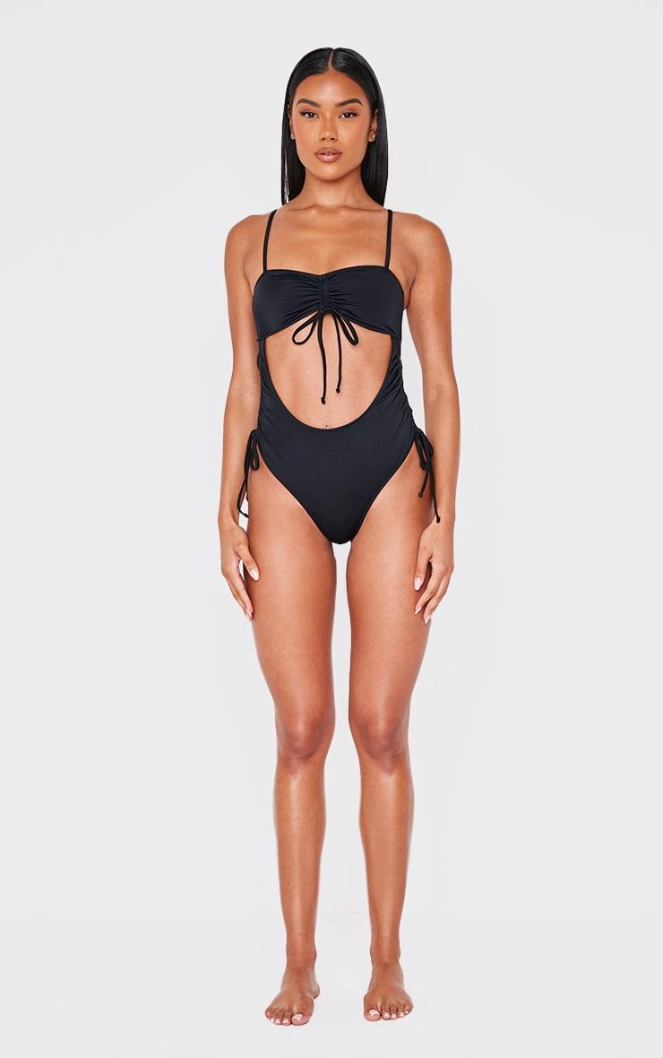Black Ruched Cut Out Halter Tie Swimsuit Product Image