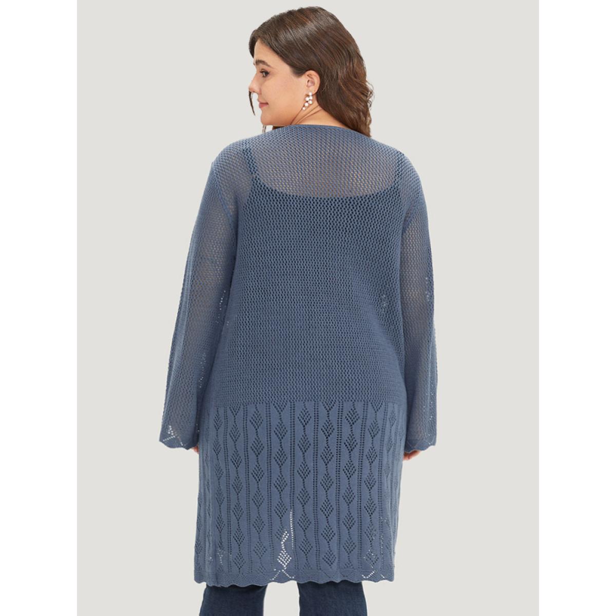 Plus Size Solid Geometric Eyelet Open Front Cardigan Aegean Women Casual Loose Long Sleeve Dailywear Cardigans BloomChic 12/L Product Image