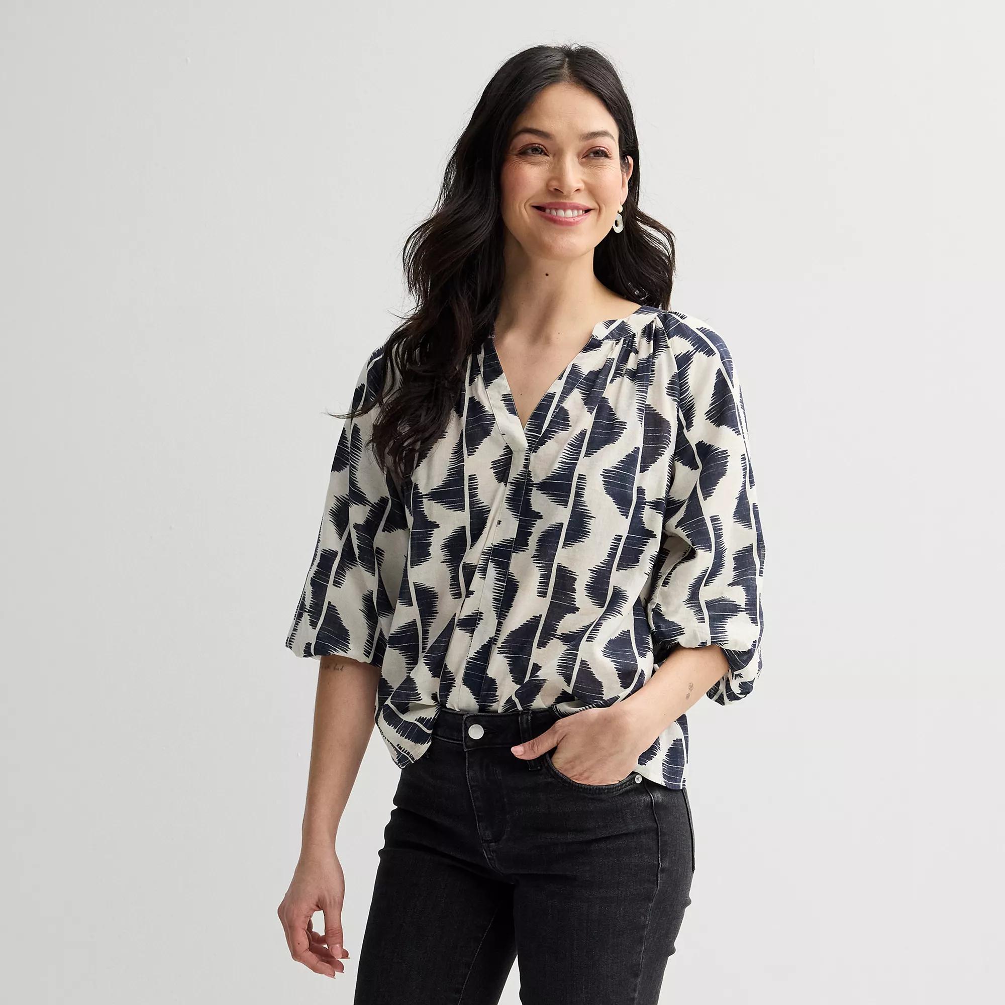 Women's Sonoma Goods For Life® Shirred Balloon Sleeve Y-Neck Top, Size: XXL, Gray Geo Lines Product Image