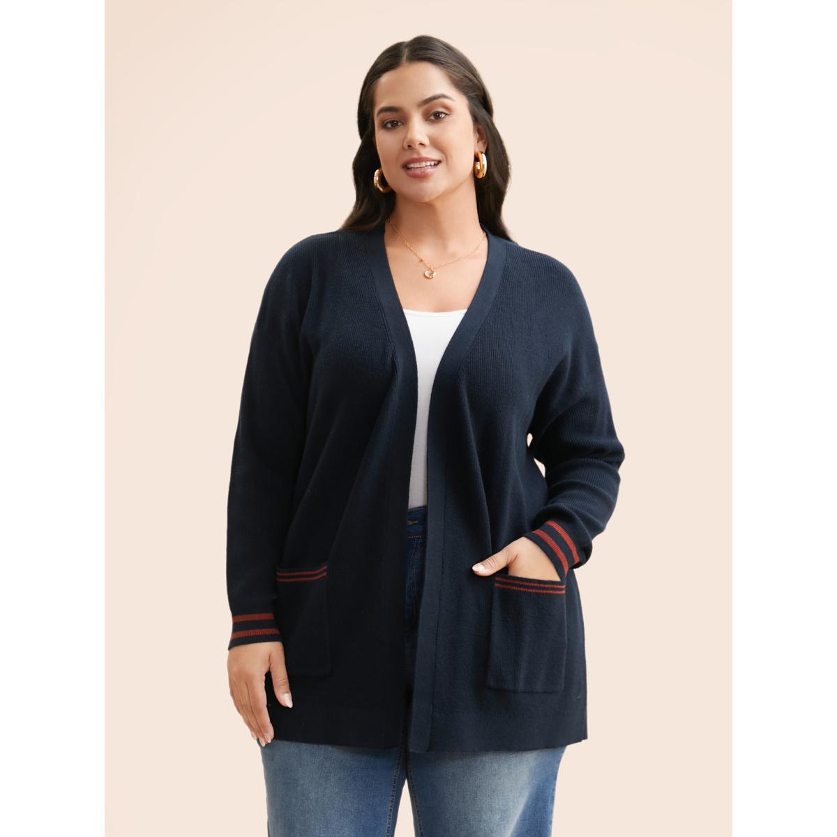 Plus Size Supersoft Essentials Contrast Striped Kimono Collar Cardigan Midnight Women Casual Loose Long Sleeve Everyday Cardigans BloomChic 12/L Product Image