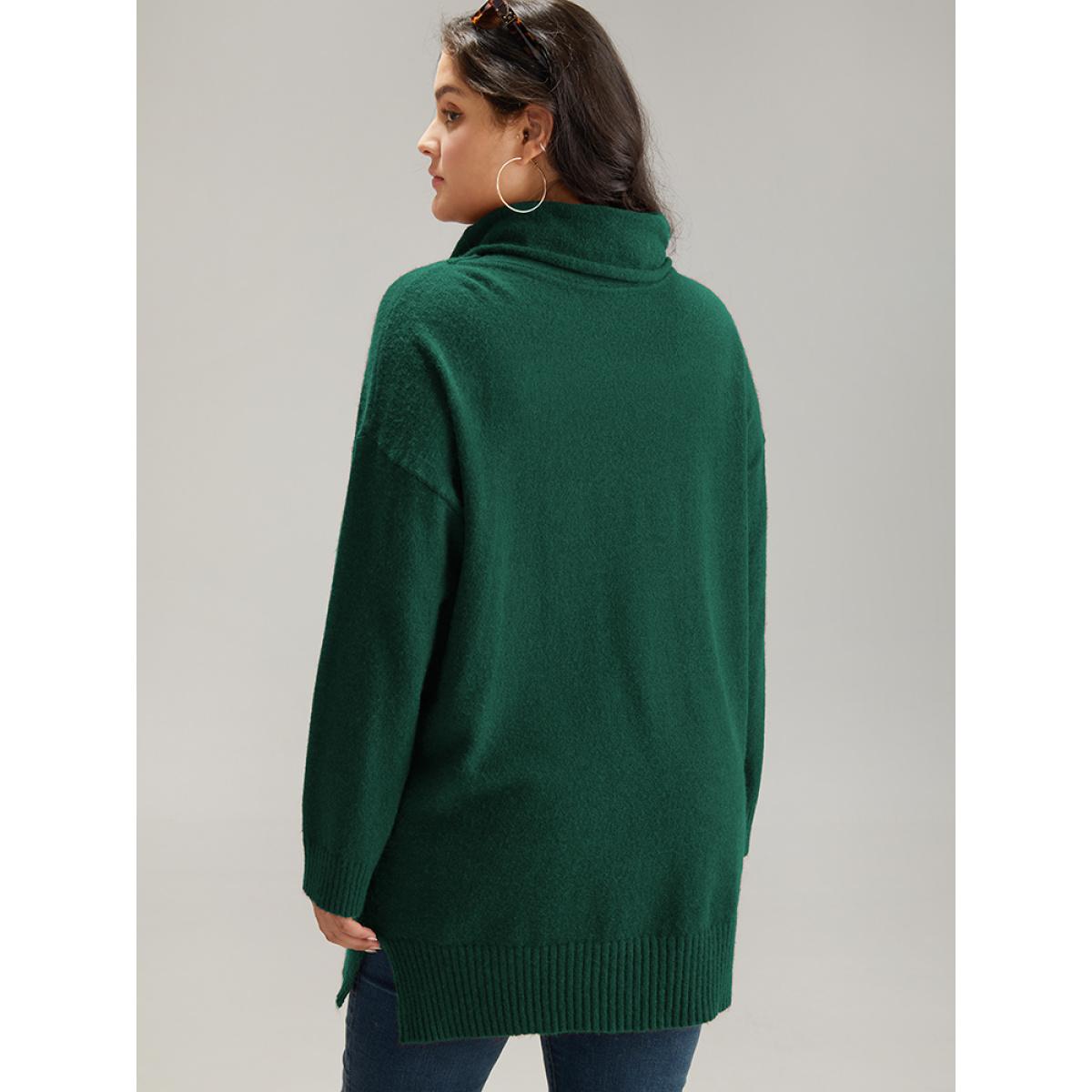 Plus Size Anti-Pilling Split Side Turtle Neck Pullover DarkGreen Women Casual Loose Long Sleeve Lapel Collar Everyday Pullovers BloomChic 12/L Product Image