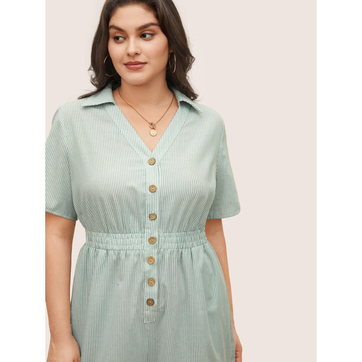 Plus Size LightGreen Striped Lapel Collar Shirred Button Detail Jumpsuit Women Casual Short sleeve V-neck Everyday Loose Jumpsuits BloomChic 18-20/2X Product Image