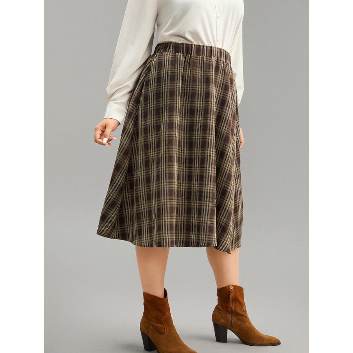 Plus Size Plaid Print Pocket Elastic Waist Skirt Women DarkBrown Office Elastic Waist No stretch Pocket Work Skirts BloomChic 14-16/1X Product Image