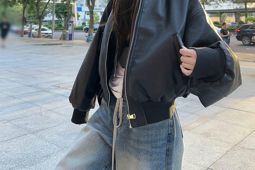 Plain Zip-Up Hoodie / Faux Leather Bomber Jacket Product Image
