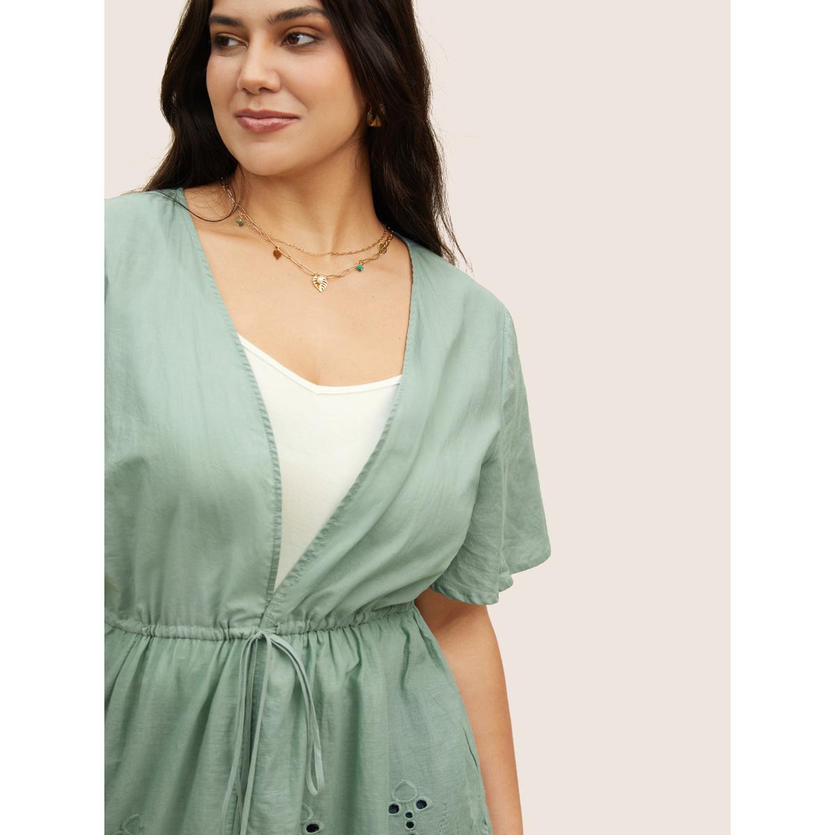 Plus Size Plain Broderie Anglaise Drawstring Kimono Women Mint Resort Embroidered Vacation Kimonos BloomChic 30/6X Product Image