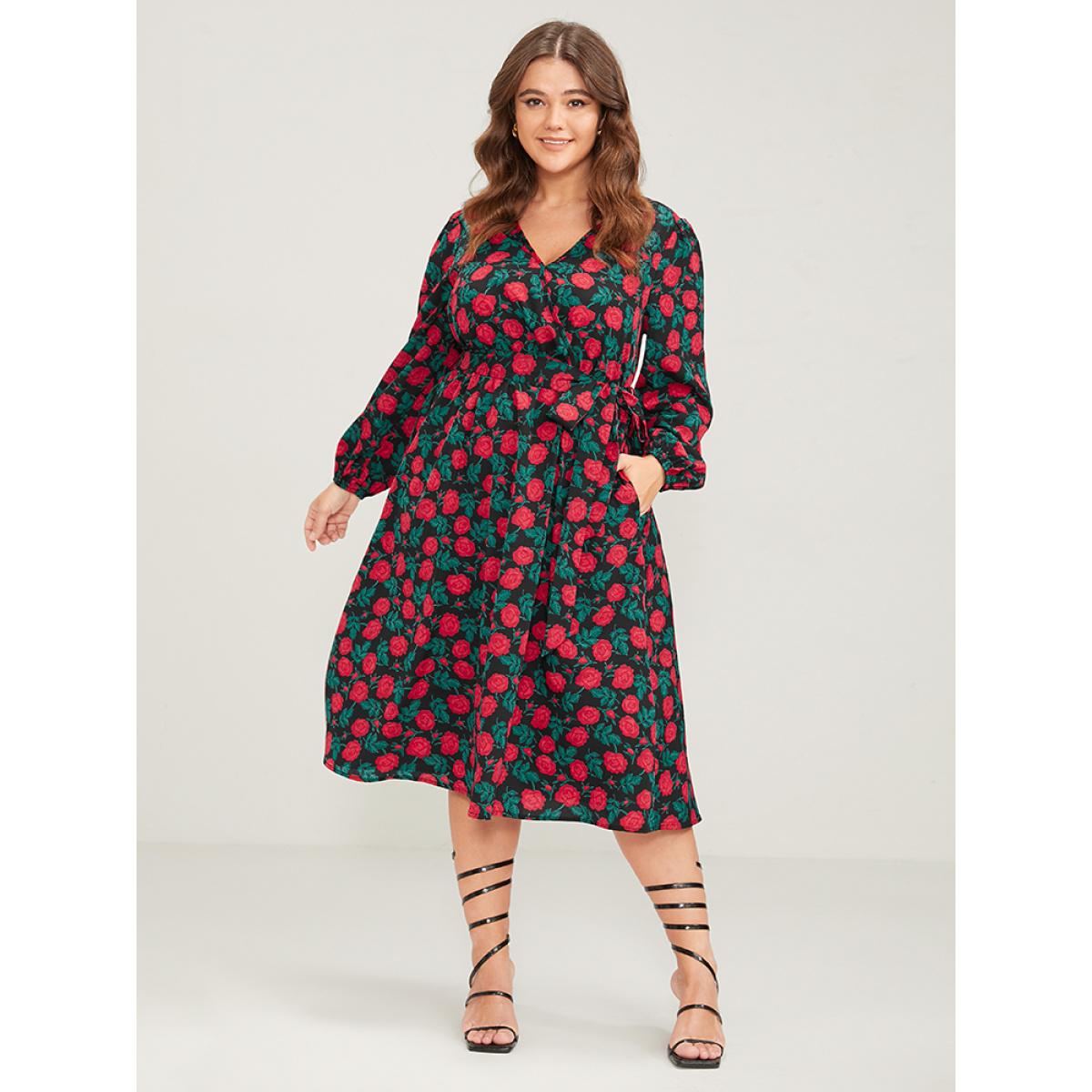 Plus Size Floral Printed Wrap Pocket Lantern Sleeve Belted Dress Black Women Elegant Printed V-neck Long Sleeve Curvy Midi Dress BloomChic 18-20/2X Product Image