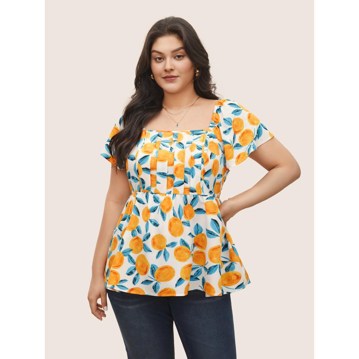 Plus Size Ivory Citrus Square Neck Orange Print Pleated Blouse Women Elegant Short sleeve Square Neck Everyday Blouses BloomChic 12/L Product Image