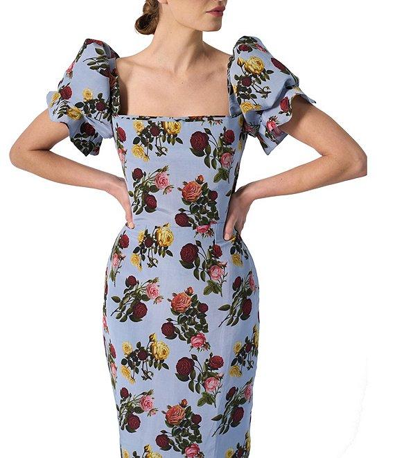 Damaris Bailey Rose Printed Square Neck Short Puff Sleeve Rose Midi Dress Product Image