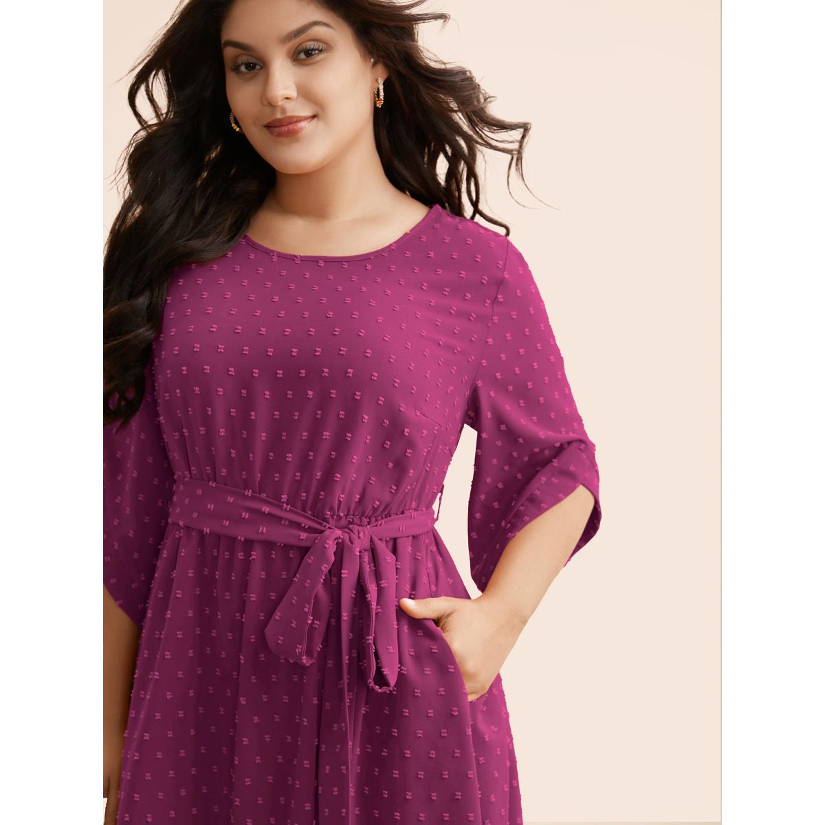 Plus Size Textured Bell Sleeve Belted Arc Hem Dress RedViolet Women Elegant Texture Round Neck Elbow-length sleeve Curvy BloomChic 14-16/1X Product Image