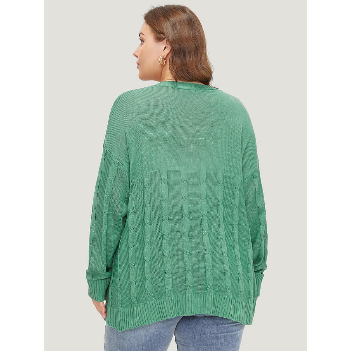 Plus Size Solid Ties Front Cable Knit Cardigan Green Women Casual Long Sleeve Dailywear Cardigans BloomChic 10/M Product Image