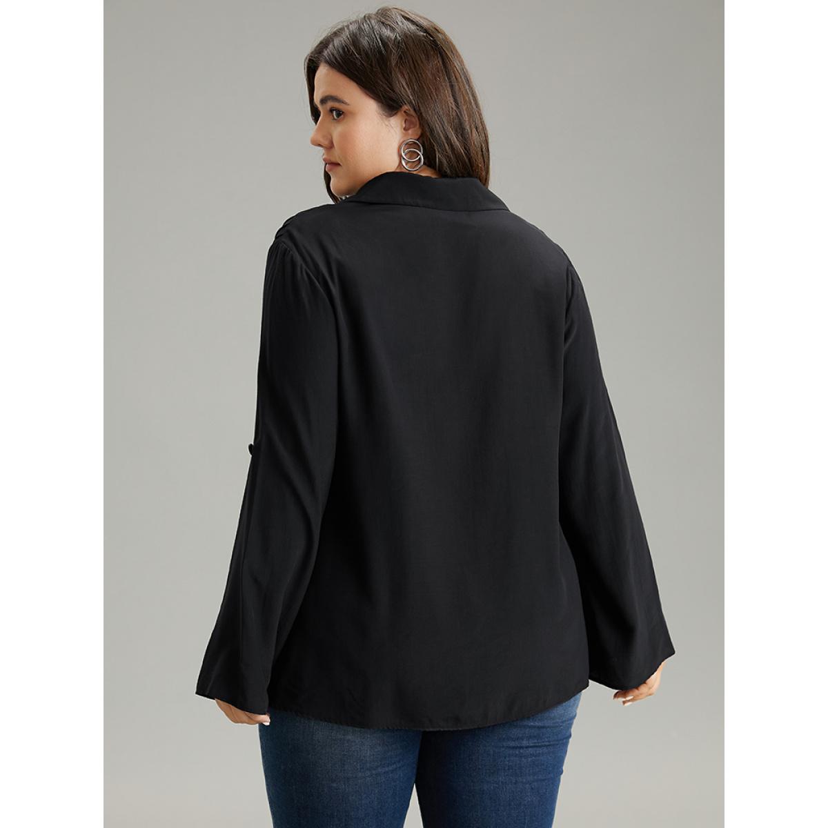 Plus Size Black Solid Button Through Roll Tab Sleeve Blouse Women Office Long Sleeve Shirt collar Work Blouses BloomChic 12/L Product Image