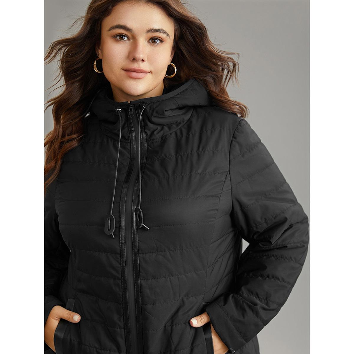 Plus Size Drawstring Patchwork PU Leather Zipper Jacket Women Black Casual Lined Ladies Everyday Winter Coats BloomChic 22-24/3X Product Image