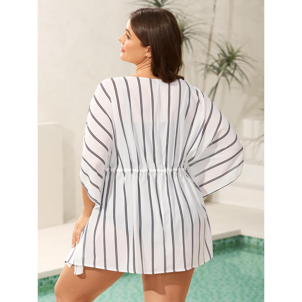 Plus Size Striped Waist Tie Kimono Cardigan Women Originalwhite Drawstring Loose Vacation Kimonos BloomChic 22-24/3X Product Image