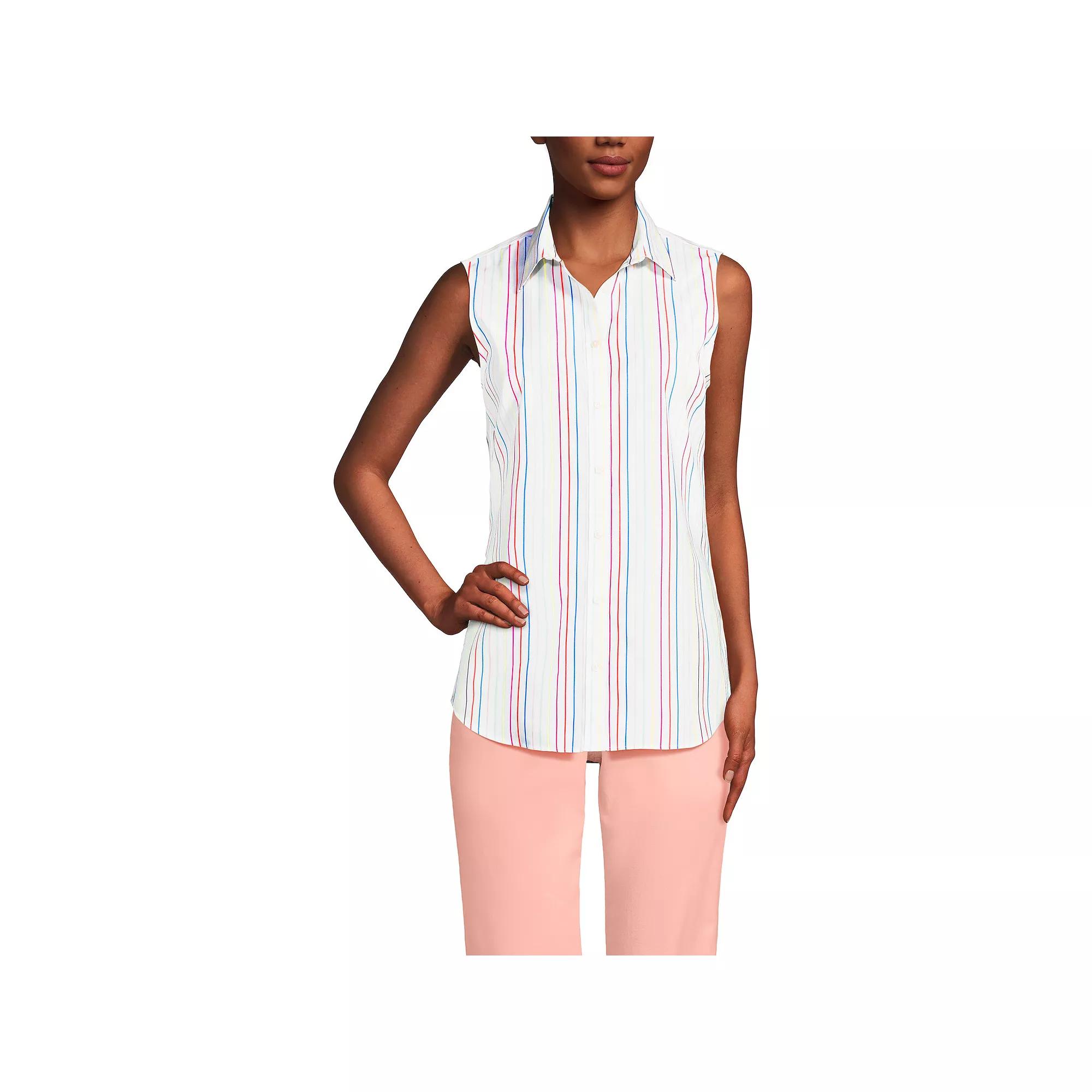 Women's Lands' End Wrinkle Free No Iron Sleeveless Shirt, Size: Large, White Pink Stripe Product Image