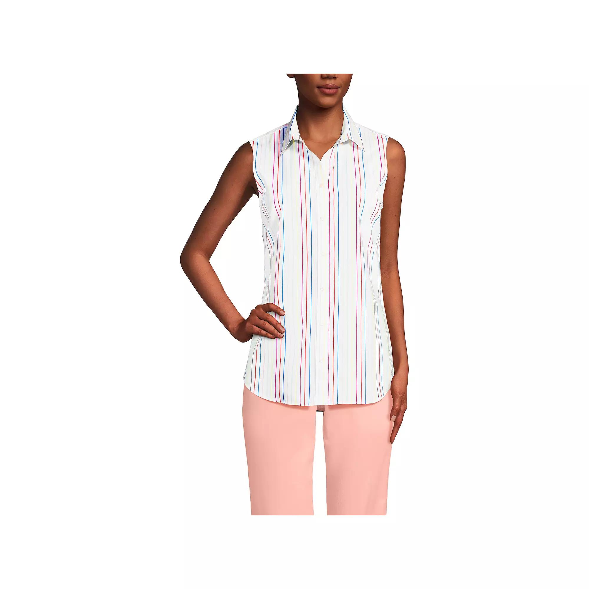 Women's Lands' End Wrinkle Free No Iron Sleeveless Shirt, Size: Large, White Pink Stripe Product Image
