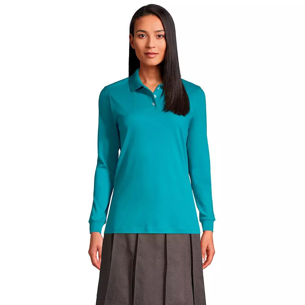 Women's Lands' End School Uniform Long Sleeve 3-Button Interlock Polo Shirt,  Product Image