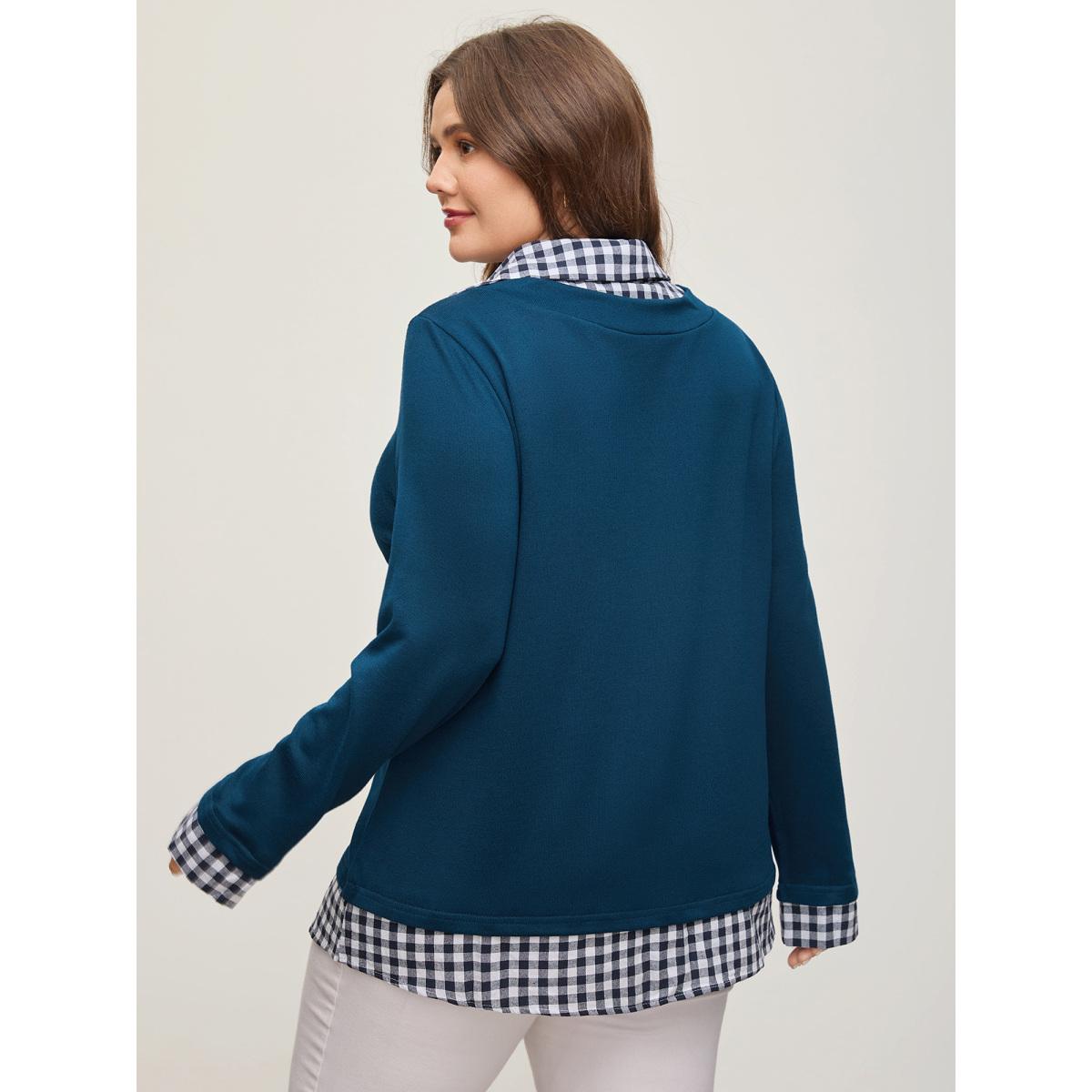 Plus Size Gingham Patchwork Shirt Collar Arc Hem Sweatshirt Women Blue Leisure Patchwork V-neck Casual Sweatshirts BloomChic 14-16/1X Product Image