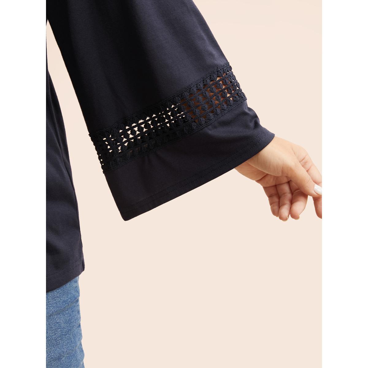 Plus Size Round Neck Lace Trim Raglan Sleeve T-shirt Indigo Women Casual Gathered Round Neck Everyday T-shirts BloomChic 30/6X Product Image