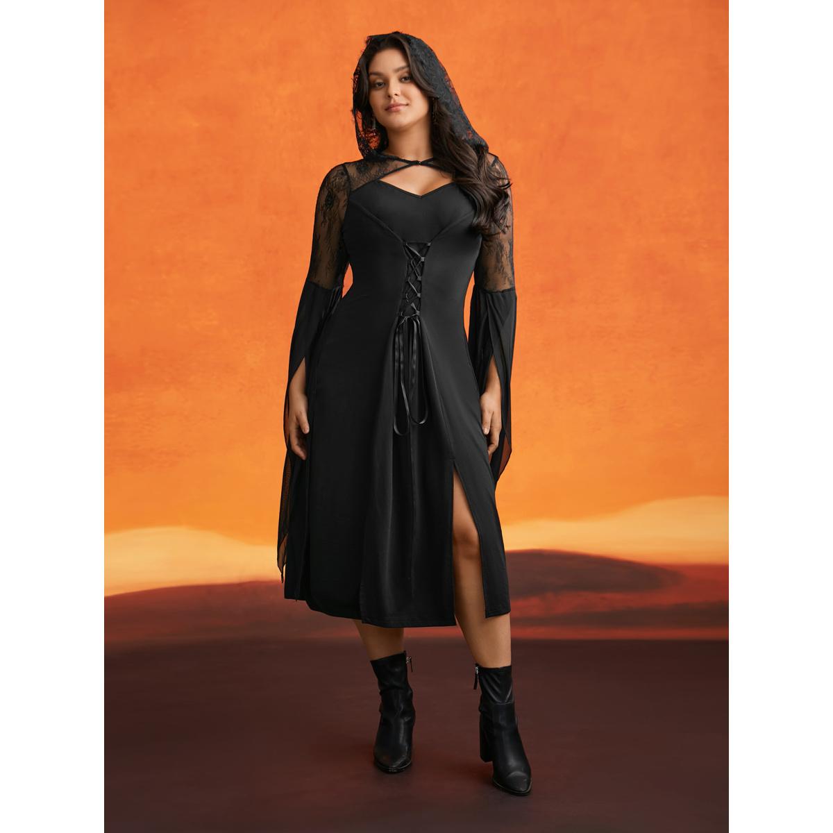 Plus Size Dark Spell Veiled Lace Midi Dress Black Women Cocktail Wraparound straps Round Neck Extra Long Sleeve Curvy BloomChic 22-24/3X Product Image
