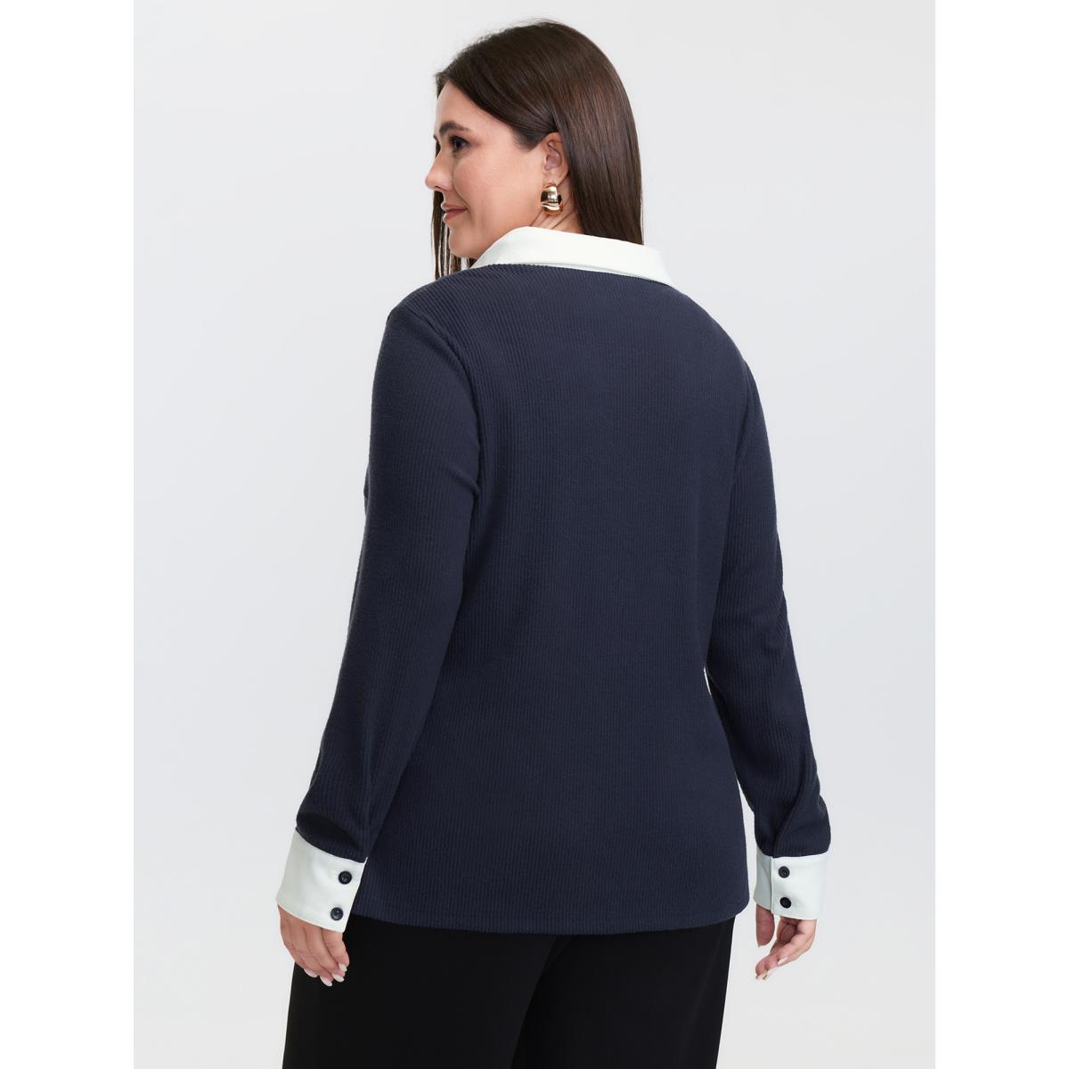 Plus Size Color Contrast Placket Button T-Shirt Indigo Women Office Shirt collar Office T-shirts BloomChic 22-24/3X Product Image