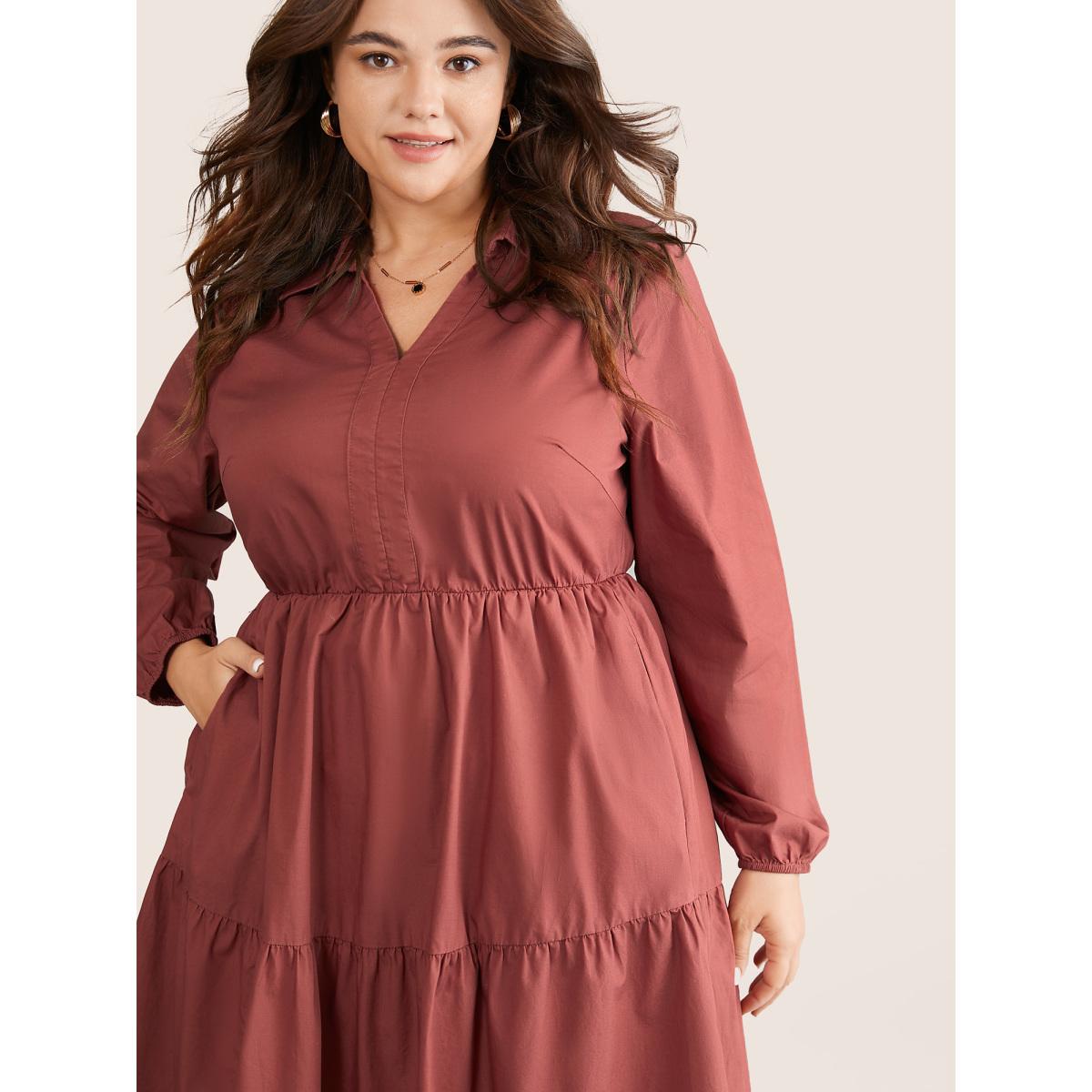 Plus Size Lapel Collar Gathered Pocket Lantern Sleeve Dress Russet Women Casual Gathered Lapel Collar Long Sleeve Curvy Knee Dress BloomChic 22-24/3X Product Image