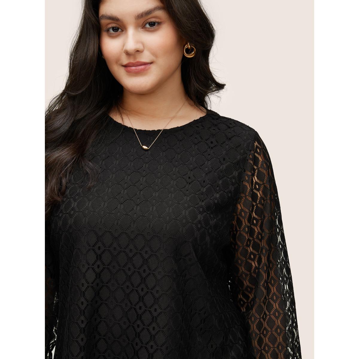 Plus Size Black Geometric Lace Panel Round Neck Blouse Women Elegant Long Sleeve Round Neck Party Blouses BloomChic 22-24/3X Product Image