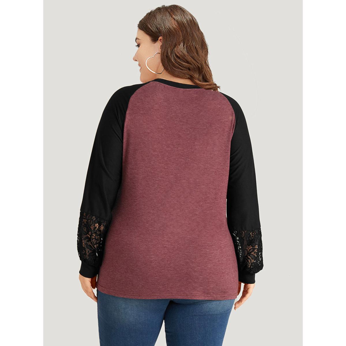 Plus Size Round Neck Lace Patchwork Raglan Sleeve T-shirt Russet Women Elegant Elastic cuffs Plain Round Neck Dailywear T-shirts BloomChic 28/5X Product Image