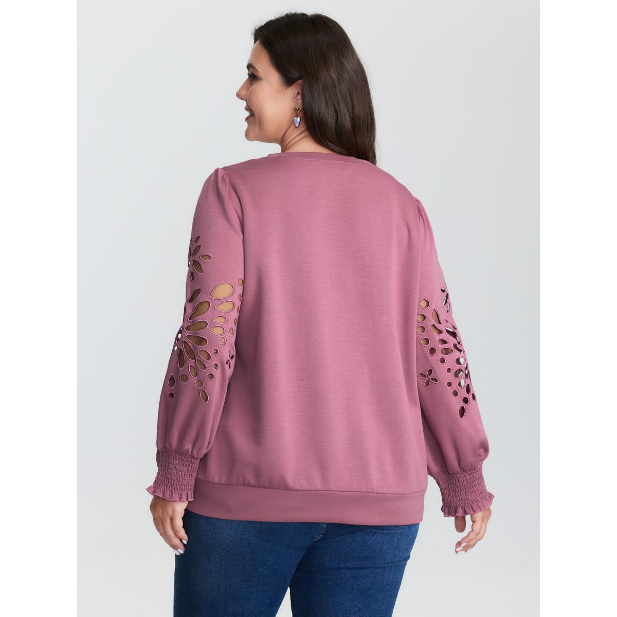 Plus Size Cut-Out Embroidered Sleeve Rayon Sweatshirt Women DustyPink Timeless Texture V-neck Elegant Sweatshirts BloomChic 10/M Product Image