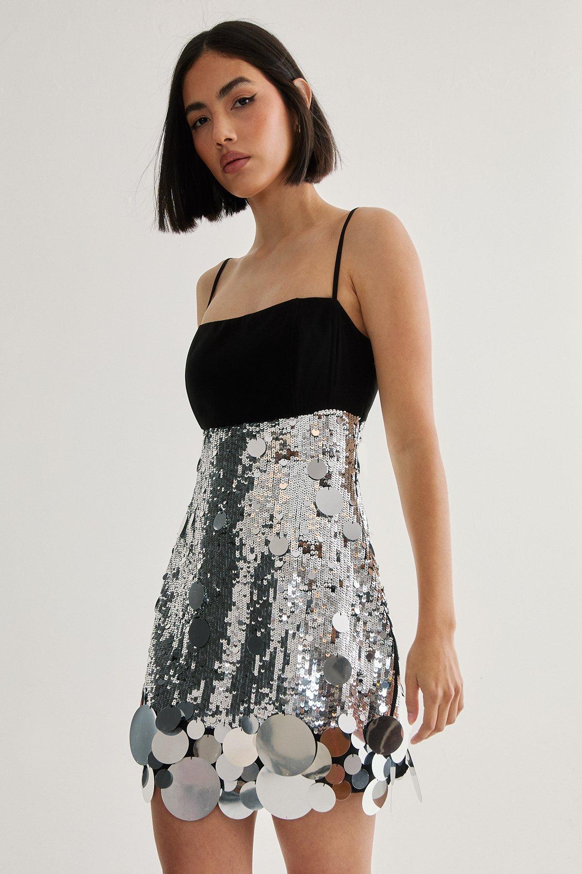 Hand Embellished Sequin Disc Hem Mini Dress Product Image
