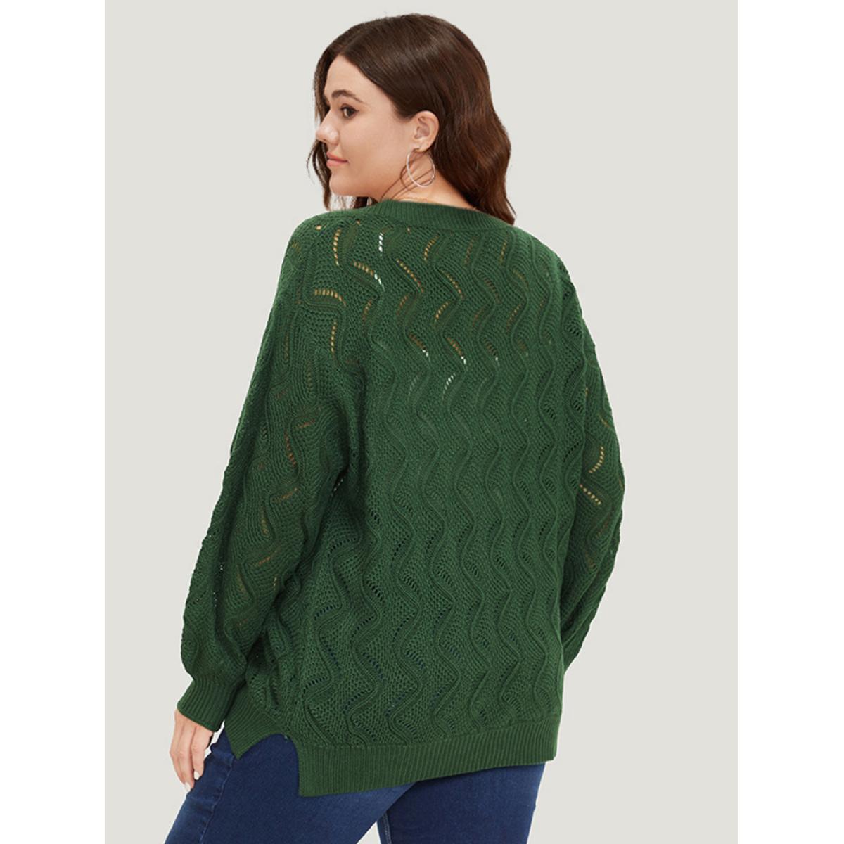 Plus Size Plain Hollow Out V Neck Pullover DarkGreen Women Casual Loose Long Sleeve V-neck Everyday Pullovers BloomChic 26/4X Product Image