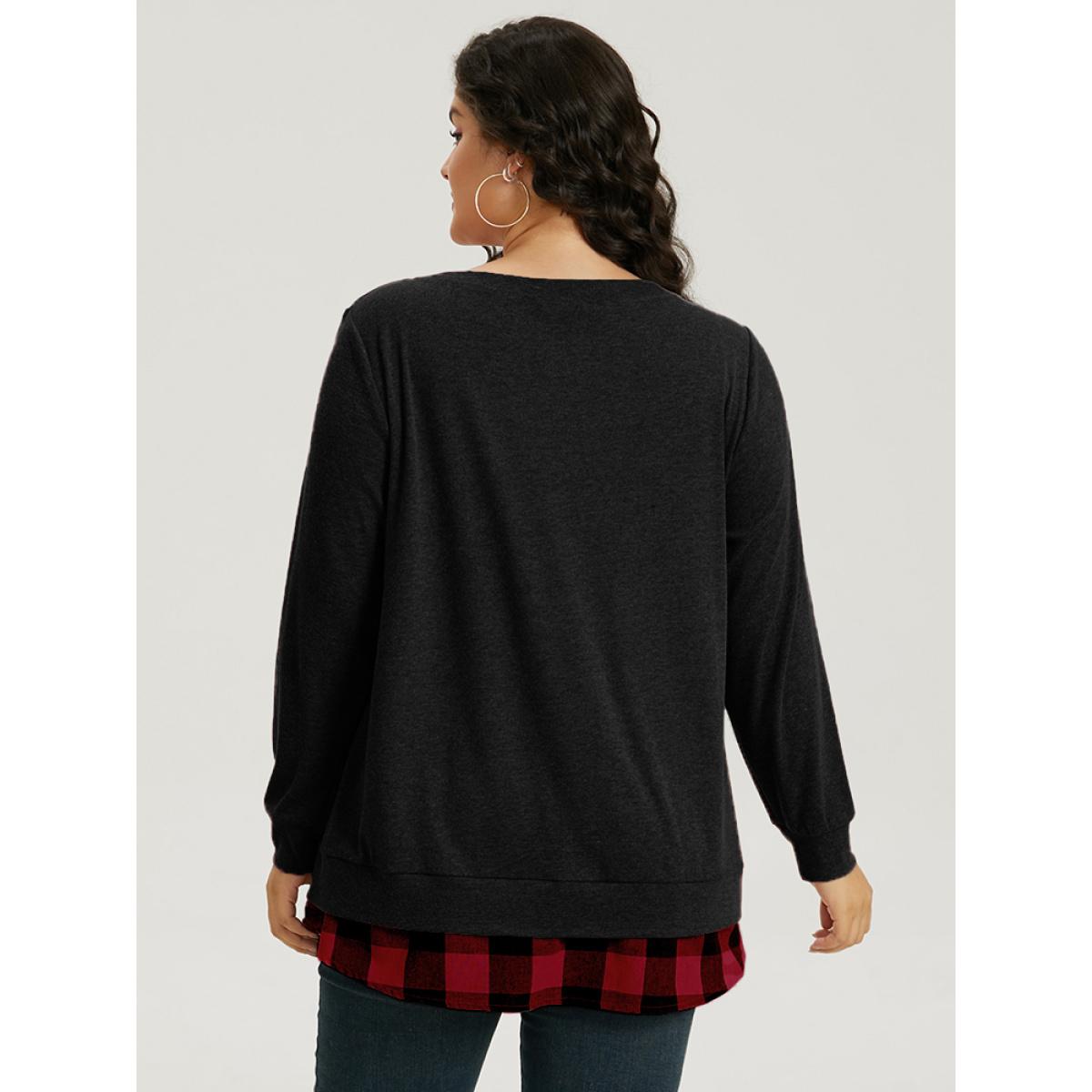 Plus Size Heather Plaid Patchwork Crew Neck T-shirt Black Women Leisure Heather Plaid Round Neck Casual T-shirts BloomChic 18-20/2X Product Image