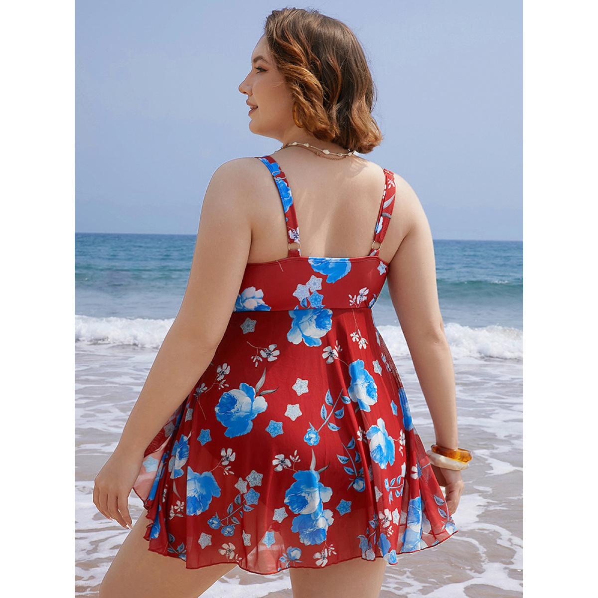 Plus Size Floral Print Split Front Ruched A Line Swim Dress Women's Swimwear Red Vacation Bodycon Round Neck High stretch Curve Swim Dresses BloomChic 28/5X Product Image