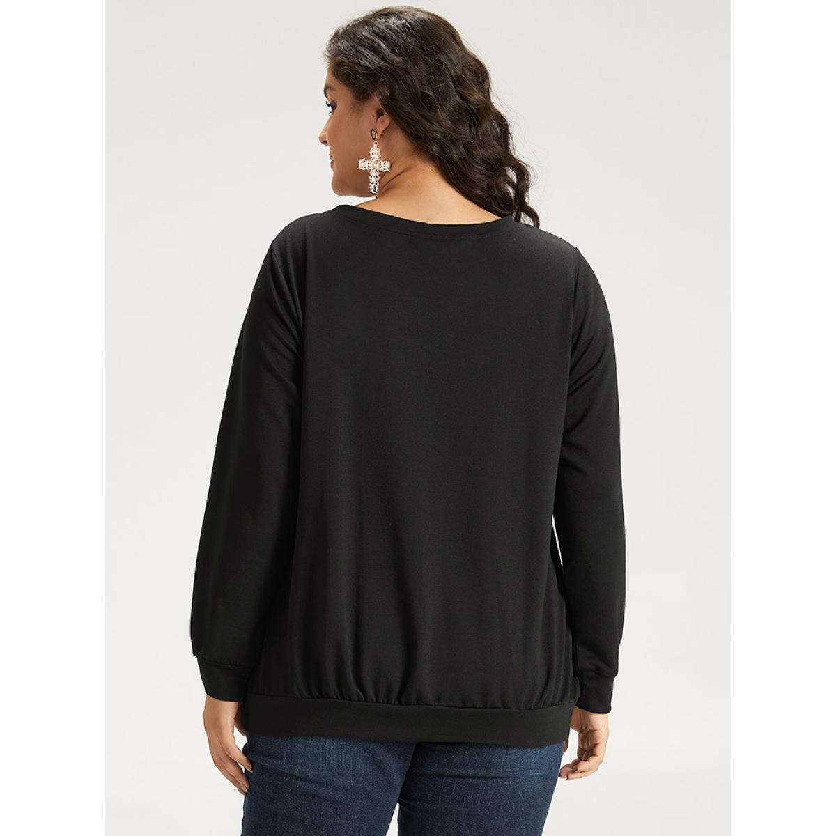 Plus Size Halloween Bat Print Mesh Patchwork Sweatshirt Women Black Elegant Elastic cuffs Round Neck Festival-Halloween Sweatshirts BloomChic 28/5X Product Image