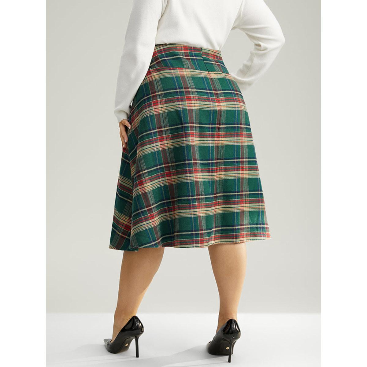 Plus Size Plaid Lace Up Pocket Cropped Skirt Women DarkGreen Party Style accents No stretch Pocket Festival-Christmas Skirts BloomChic 10/M Product Image