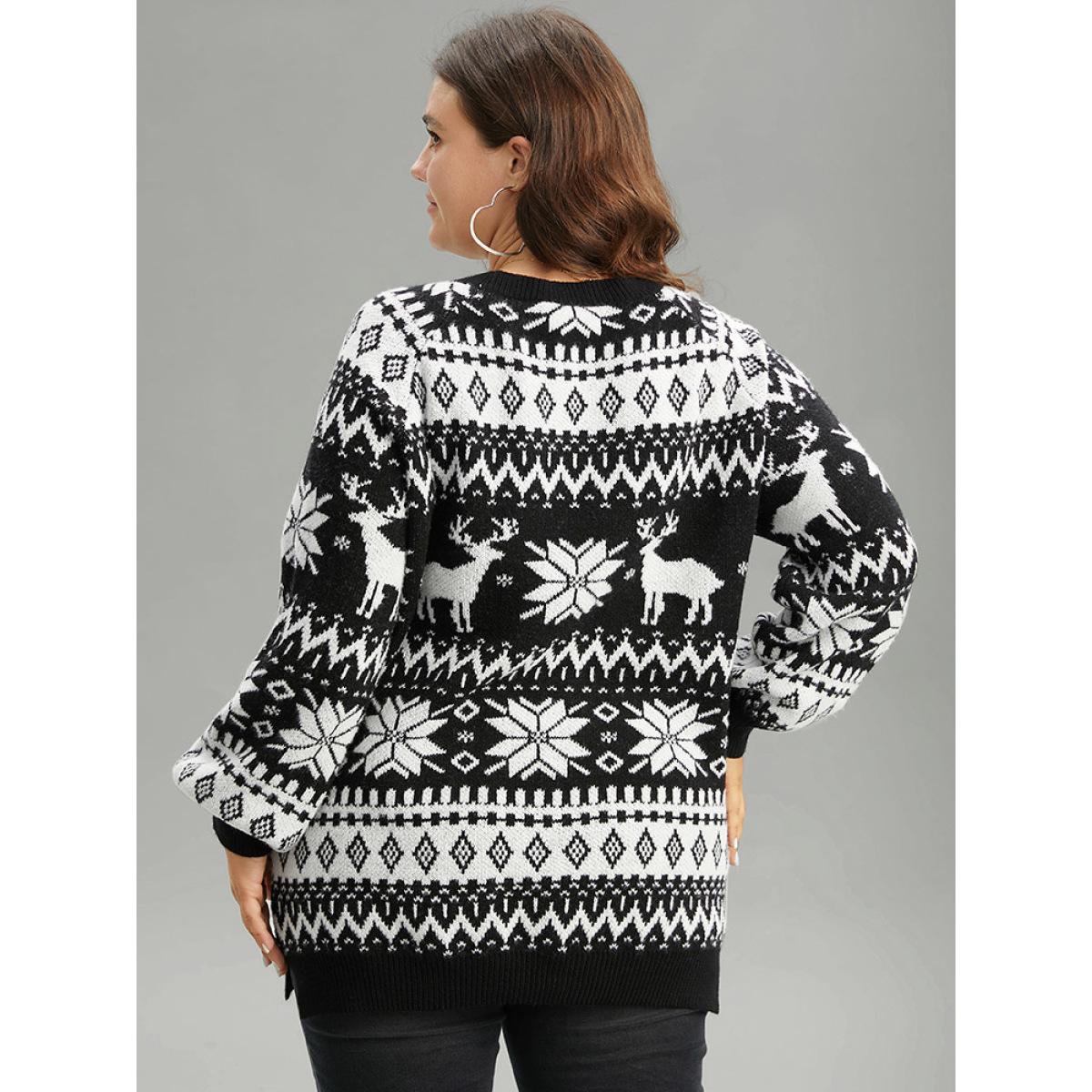 Plus Size EIK & Snowflake Lantern Sleeve Pullover Black Women Casual Loose Long Sleeve Round Neck Festival-Christmas Pullovers BloomChic 10/M Product Image