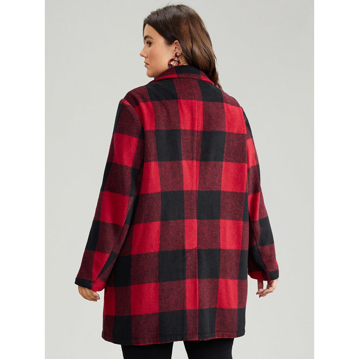 Plus Size Plaid Print Button Down Pocket Tunic Coat Women Crimson Casual Contrast Ladies Dailywear Winter Coats BloomChic 30/6X Product Image