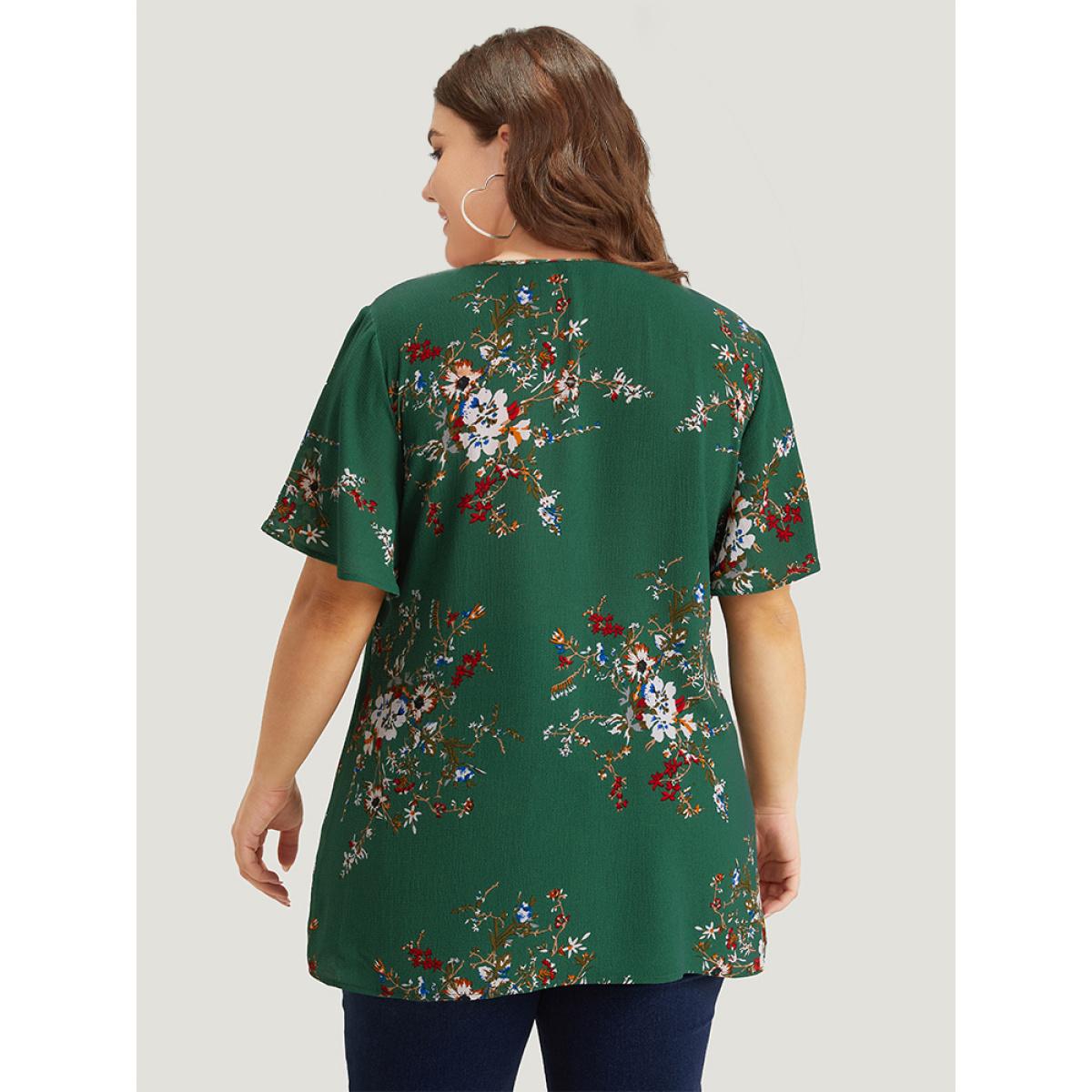 Plus Size Green Floral Print Knot Neck Blouse Women Elegant Short sleeve Tie Neck Dailywear Blouses BloomChic 22-24/3X Product Image