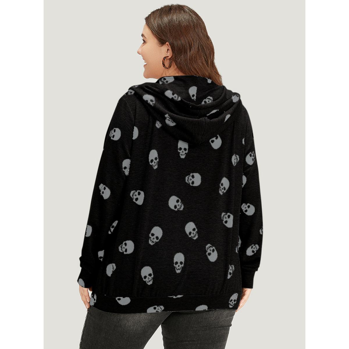 Plus Size Halloween Skull Print Pocket Zipper Hooded Sweatshirt Women Black Casual Elastic cuffs Hooded Festival-Halloween Sweatshirts BloomChic 22-24/3X Product Image