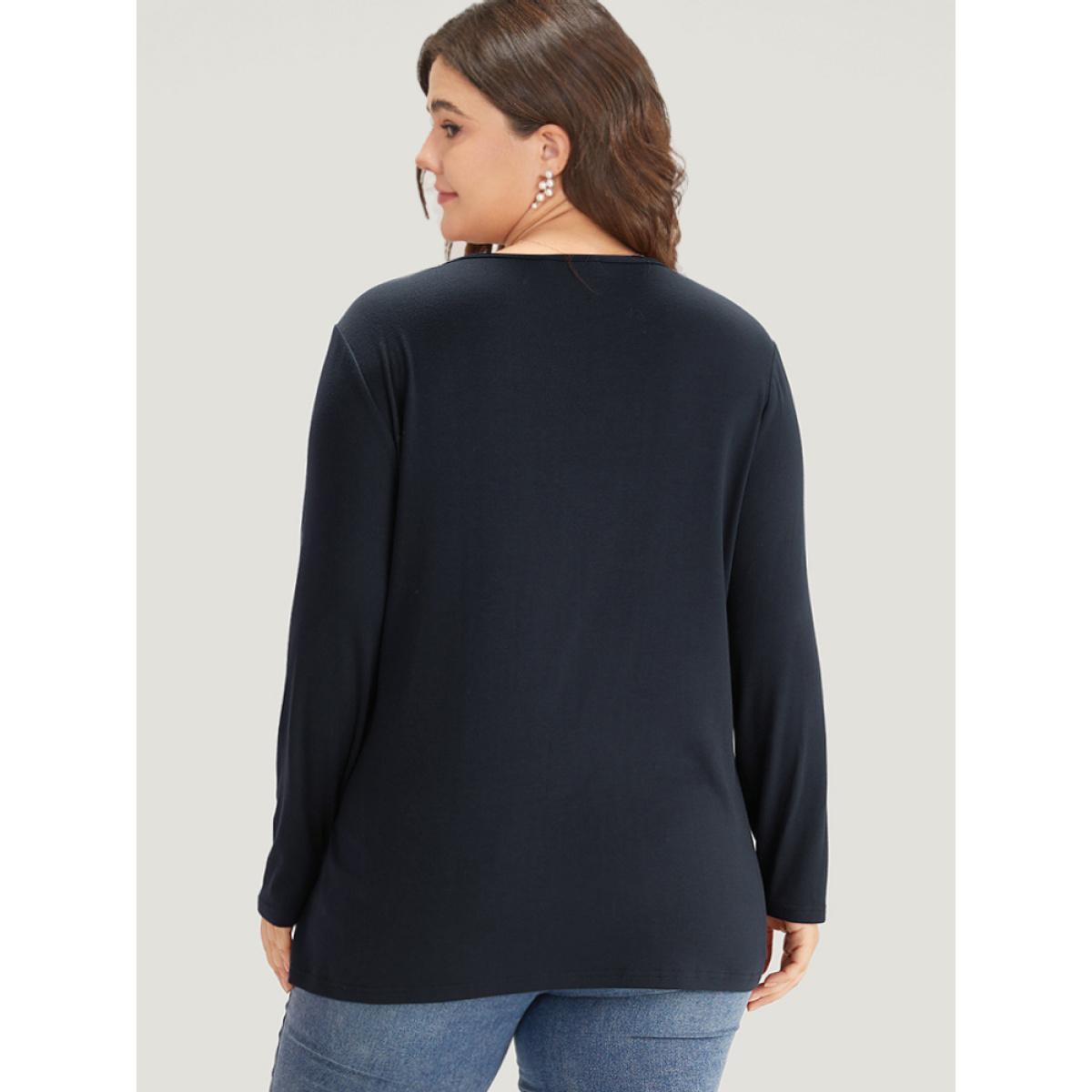 Plus Size Guipure Lace Patchwork V Neck Button Detail T-shirt Indigo Women Elegant Printed Plain V-neck Dailywear T-shirts BloomChic 18-20/2X Product Image