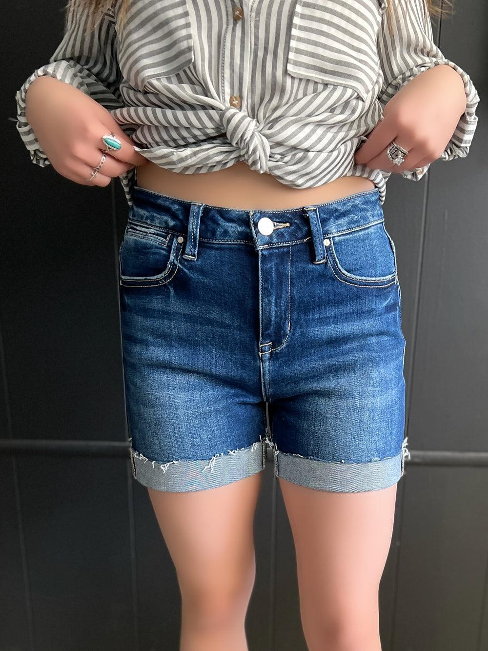 Risen Dark Wash High Rise Cuffed Denim Shorts Product Image